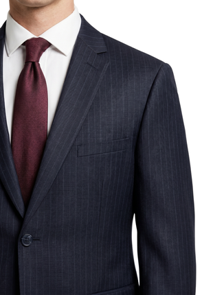 Label M Mens Navy Blue Pinstriped Regular Fit 100% Wool 2 Button Suit - The Suit Depot