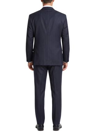 Label M Mens Navy Blue Pinstriped Regular Fit 100% Wool 2 Button Suit - The Suit Depot