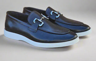 Men's Black Leather Horsebit Loafers with Sporty White Sole