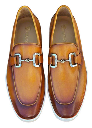 Men's Cognac Leather Horsebit Loafers with Sporty White Sole