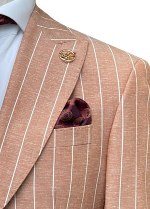Romaster Mens Slim Fit Rust Pinstriped Linen Blend 2 Piece Suit