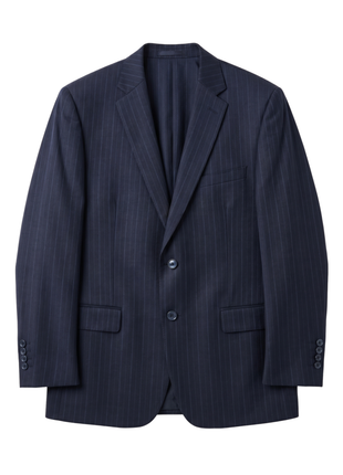 Label M Mens Navy Blue Pinstriped Regular Fit 100% Wool 2 Button Suit - The Suit Depot