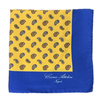 Thumbnail for Cesare Attolini Blue and Mustard Paisley Pocket Square Handmade In Italy
