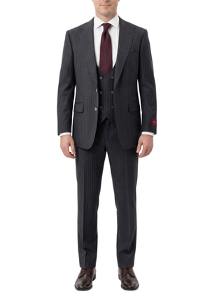 Mazara Mens Dark Gray with Navy Pinstripe Classic Fit Peak Lapel Wool 3-Piece Suit