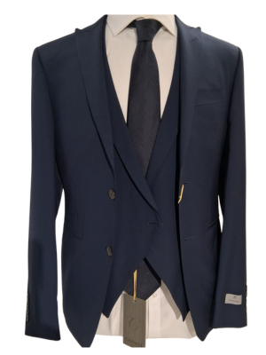 Canali Solid Navy 3-piece 100% Wool Suit 38R