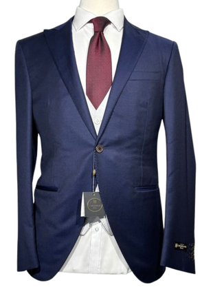 Corneliani Mens Navy Blue and Silver Mixed Pattern Fully-Canvassed Peak Lapel Classic Fit 3-Piece Wool Suit - 40R
