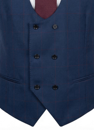 Mazara Mens Navy With Burgundy Windowpane Slim Fit Windowpane 3-Piece Wool Suit