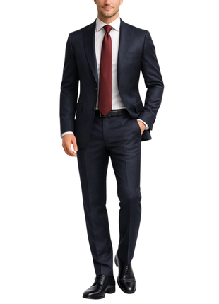 Centrion Mens Dark Blue Textured Classic Fit Peak Lapels 2 Button Stretch Wool Blend Suit