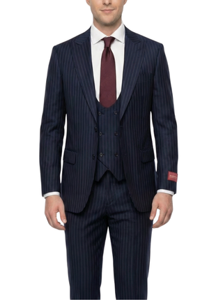 Mazara Mens Navy Rope Striped Classic Fit Peak Lapel 3-Piece Wool Suit
