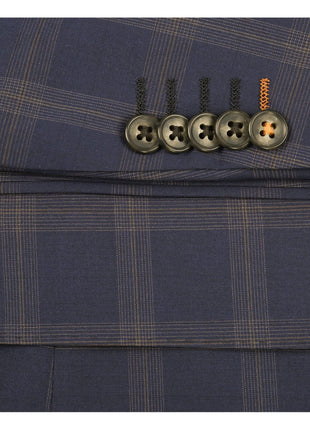 English Laundry Blue & Tan Windowpane Slim Fit Notch Lapel 2 Button Stretch Suit