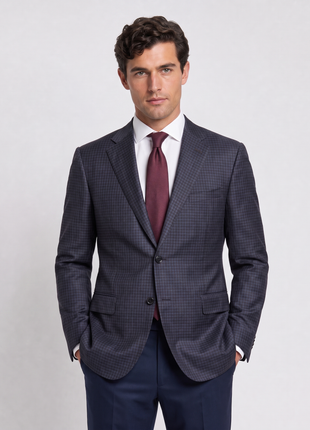 Canali 1934 Espresso Brown & Blue Mini Check Modern Fit Wool 2-Button Sport Coat 46R
