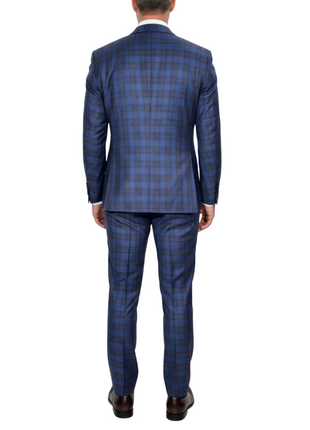 Beragamo Elegant Mens Blue With Burgundy Plaid Slim Fit Peak Lapel Wool 2 Button Suit