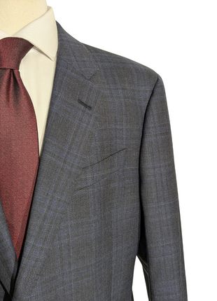 Armani Collezioni Navy Blue and Gray Check 100% Wool Notch Lapel 2 Button Suit 46R