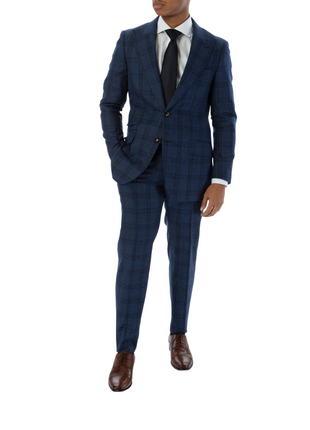 Sartoria Mazara Mens Slim Fit Navy Blue With Burgundy Check 100% Wool Suit With Peak Lapels