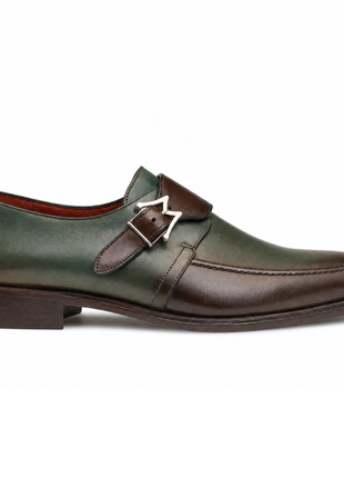 Mezlan Forest Green & Brown Two-Tone Leather Monk Strap Dress Shoes