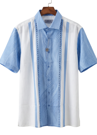 Lavane Mens Light Blue & White Striped Spread Collar Short Sleeve Button-Up Shirt