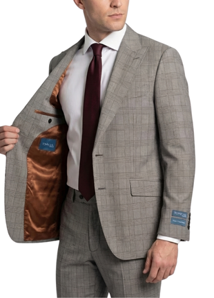 Tovaglia Mens Tan Glen Plaid Classic Fit Peak Lapel Wool 2-Button Suit