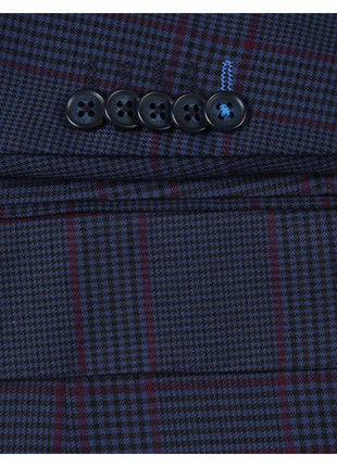 English Laundry Blue & Burgundy Houndstooth Plaid Slim Fit Notch Lapel Two button Stretch Suit