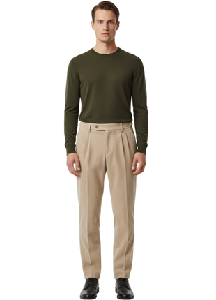 Canuti Solid Tan Corduroy Pleated Front Adjustable-Tab Stretch Pants