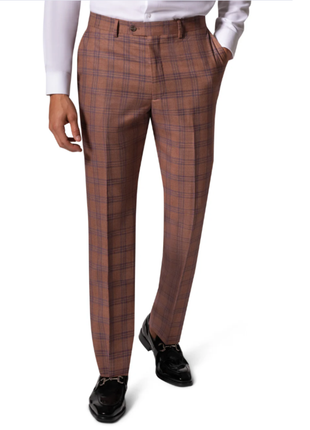 Berragamo Elegant Mens Orange with Blue Windowpane Modern Fit 2 Button Wool Suit