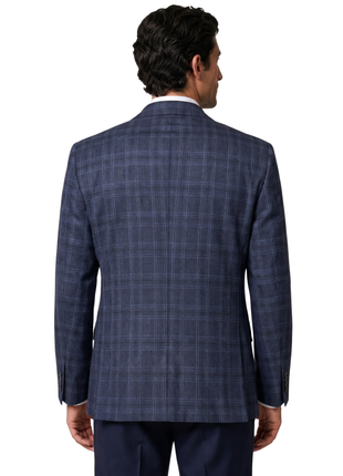 Emporio Armani G-Line Navy Blue Plaid Notch Lapel Tailored Fit Wool Silk 2-Button Sport Coat 46R