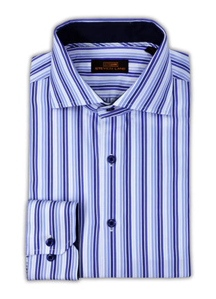 Steven Land Mens Blue Striped Regular Fit Spread Collar 100% Cotton Dress Shirt