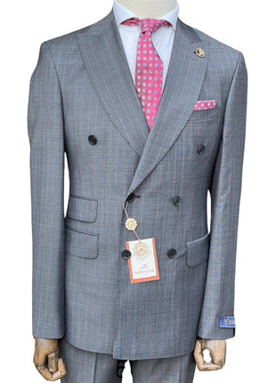Romaster Mens Pinstriped Charcoal Grey Double Breasted Stretch Wool Suit