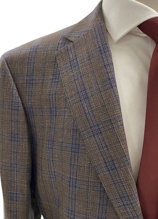 Label E Mens Camel Navy Plaid Classic Fit Wool Blend Blazer Sportcoat