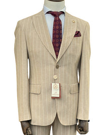Thumbnail for Romaster Mens Slim Fit Beige Pinstriped Linen Blend 2 Piece Suit