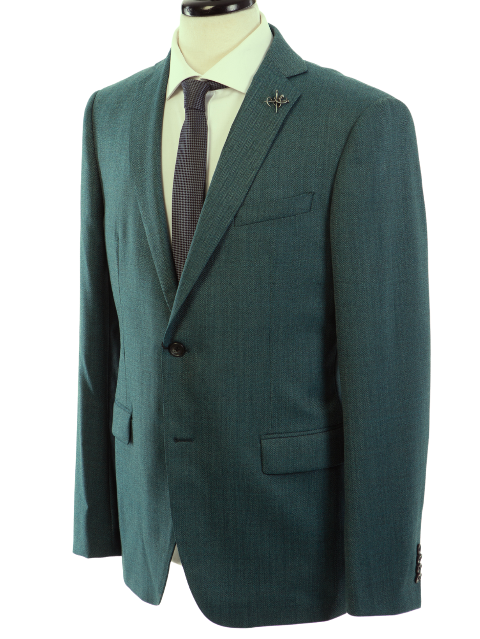 John Varvatos BOND Half-Canvassed Green Herringbone Two Button 100% Wool Blazer
