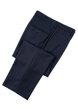 Label M Mens Navy Blue Pinstriped Regular Fit 100% Wool 2 Button Suit - The Suit Depot