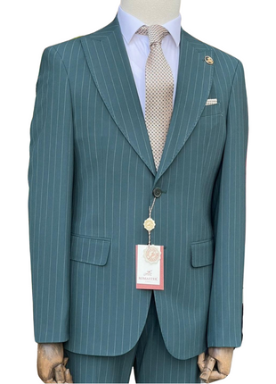 Romaster Men’s Green Pinstripe Slim Fit Peak Lapels Stretch Wool Blend Suit - The Suit Depot