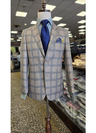 Label E Mens Tan Plaid Classic Fit Stretch 2 Button Blazer Sportcoat