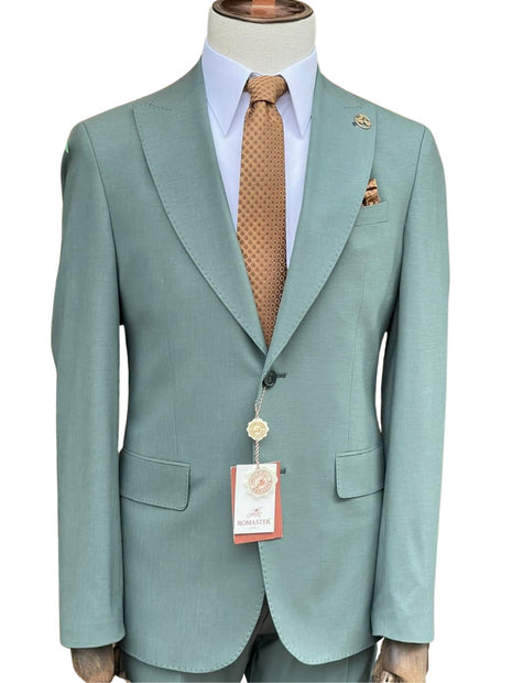Romaster Mens Slim Fit Stretch Solid Green Wool Blend 2 Piece Suit