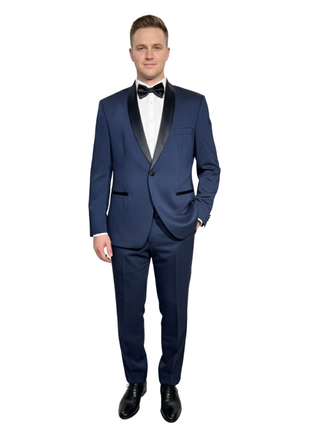FAG Season Mens Navy Blue Jacquard Satin Shawl Lapel Slim Fit Stretch 1-Button Tuxedo - 44R (Altered)