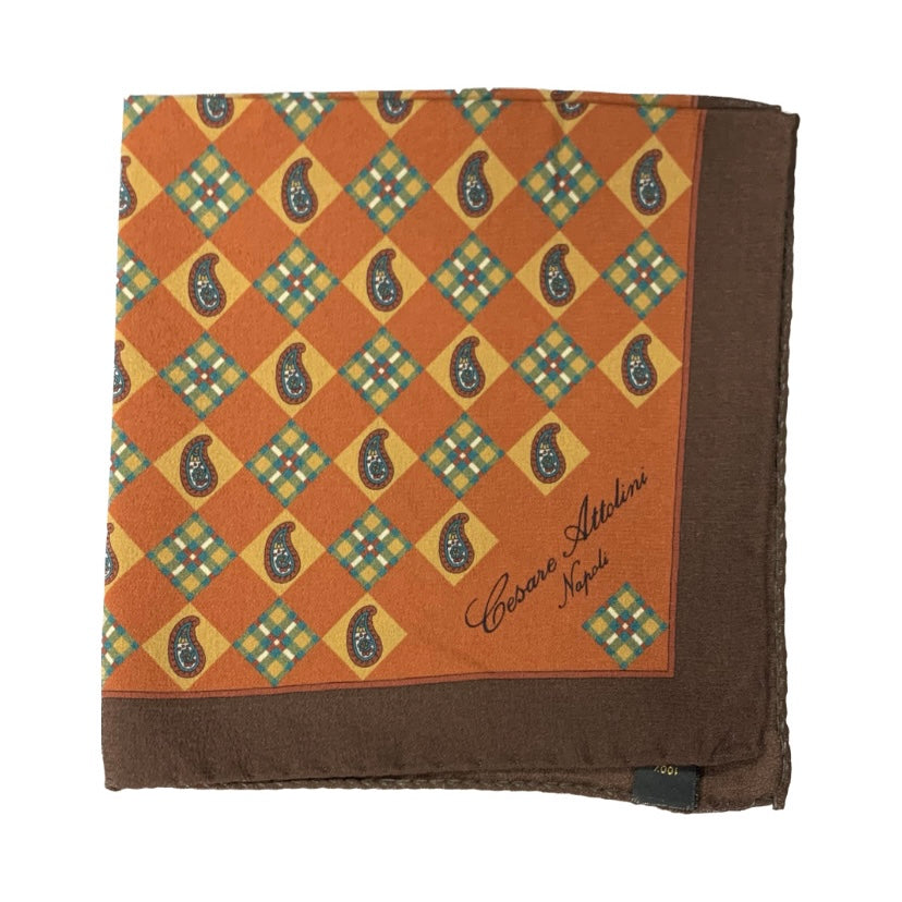 Cesare Attolini Bronze Orange Motif Pocket Square Handmade In Italy