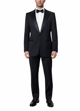 Hugo Boss Solid Black With Satin Peak Lapel Classic Fit Super 100’s Wool 1-Button Tuxedo 42R - The Suit Depot