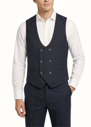 Mazara Mens Dark Gray with Navy Pinstripe Classic Fit Peak Lapel Wool 3-Piece Suit