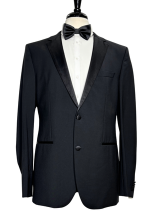 Hugo Boss Solid Black With Satin Notch Lapel Modern Fit Super 100’s Wool 2-Button Tuxedo 42L - The Suit Depot