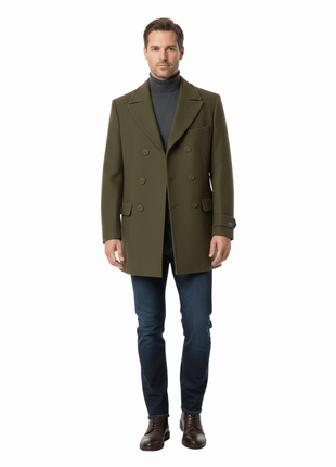 Canuti By Steven Land Mens Solid Olive Green Double Breasted 100% Wool Overcoat