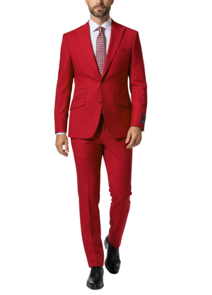 Beragamo Elegant Mens Solid Red Modern Fit Peak Lapel Wool 2 Button Suit