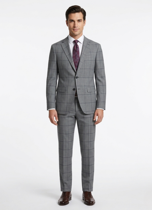 Arthur Black Mens Gray Windowpane Check Slim Fit 100% VBC Wool Prehemmed Suit