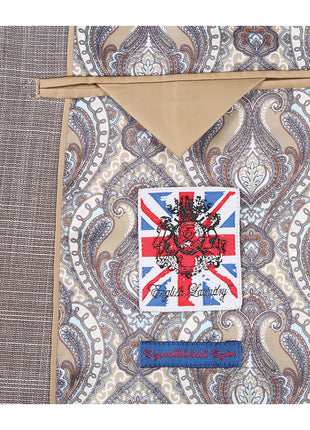 English Laundry Light Brown Check Slim Fit Notch Lapel 2 Button Stretch Suit With Patch Pockets