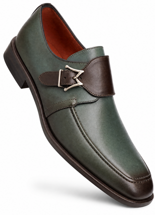 Mezlan Forest Green & Brown Two-Tone Leather Monk Strap Dress Shoes