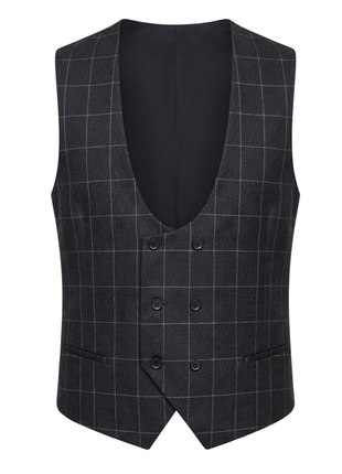 Mazara Mens Black With Gray Windowpane Classic Fit Peak Lapel 3-Piece Wool Suit