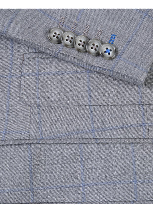 English Laundry Grey & Blue Windowpane Slim Fit Peak Lapel 2 Button Wool Suit