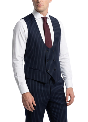 Mazara Mens Navy Rope Striped Classic Fit Peak Lapel 3-Piece Wool Suit