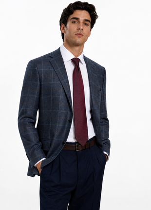 Oxxford Clothes Navy Blue with Brown Windowpane Classic Fit Wool 2-Button Sport Coat 44R