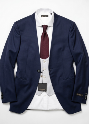 Corneliani Mens Navy Blue and Silver Mixed Pattern Fully-Canvassed No-Lapel Slim Fit 3-Piece Wool Suit - 38L