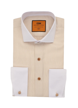 Steven Land Sand Plaid Spread Collar French Cuffs Wrinkle & Shrink Free Cotton Dress Shirt - The Suit Depot